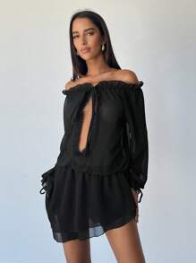 Aloruh Women's Spring And Summer Sexy Romantic Holiday Music Festival Ruffle Neckline One-Shoulder Straps Hollow Loose And Elegant Chiffon Pleated Asymmetric Hem Black Mini Dress