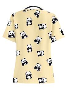 PopScrub V-Neck Short Sleeve Pocket All-Over Print Casual /Nursing Scrub Uniform Top - White - View 2