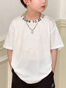 SHEIN 1 chiếc áo thun họa tiết chữ Unisex cỡ lớn thoải mái cho trẻ em, thiết kế đơn giản đa năng thích hợp cho mùa xuân/hè, trang phục thường ngày, thể thao, đi chơi, đi học, tụ tập, ngày lễ, chụp ảnh, mùa tựu trường - trắng - Xem 3