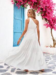 Vivid Eden White One-Shoulder Ruched A-Line Dress For Beach, Picnic, Party, Date, Spring/Summer (Lined, Non-Sheer)Spring And Summer Outfits,Summer Clothes,Valentine Day,Vacation Outfits Woman,Beach Outfits For Woman, Festival,Romantic And Elegant Clothing,Bohemian,BOHO, Sweet,Coquette,Rave Outfits Festival,Tropical Vacation Woman Clothes,Carnival - White - View 2