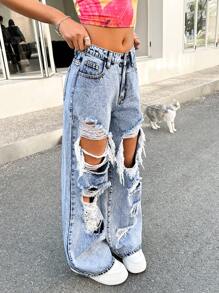 SHEIN Teen Girls Y2K Low Rised Rave 90s Ligh Washed Street Slant Pocket Ripped Cut Out Baggy Straight Leg Jeans,Vacation Outfits Girls - Light Wash - View 1