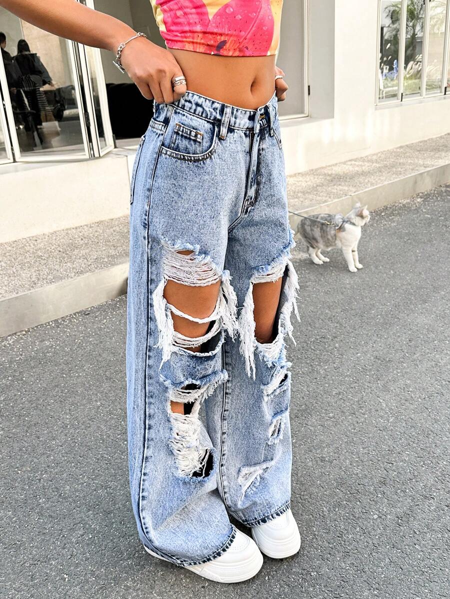 SHEIN Teen Girls Y2K Low Rised Rave 90s Ligh Washed Street Slant Pocket Ripped Cut Out Baggy Straight Leg Jeans,Vacation Outfits Girls - Light Wash - View 1