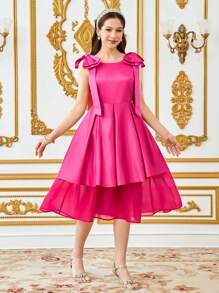 SHEIN 少女无袖褶皱双层大蝴蝶结装饰雪纺纯色伴娘礼服，淡紫色 - 玫紅色 - 查看 1