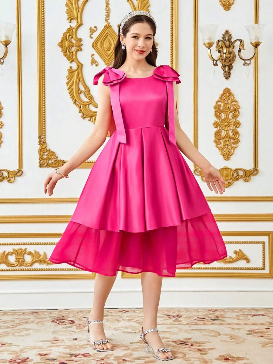 SHEIN 少女无袖褶皱双层大蝴蝶结装饰雪纺纯色伴娘礼服,淡紫色 - 玫紅色 - 查看 1