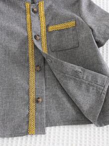 Cozy Pixies 2pcs/Set Baby Boys Contrast Color Banded Collar Short Sleeve Cardigan And Elastic Waist Shorts Set, Suitable For Summer