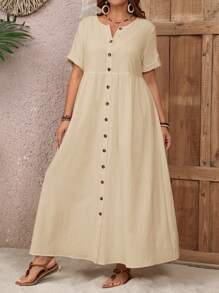EMERY ROSE Plus Size Summer Countryside Round Neck Single-Breasted Casual Summer Dress, Suitable For Vacation