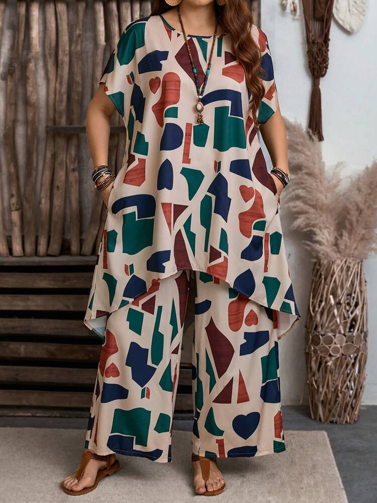 2 Pieces Set Women Plus Size Geometric Print Shirt & Pants,Boho Women Clothing, Women Clothing Women Two Pieces Outfits, Ladies Casual Sets,Summer Outfits For Women,Country Casual Sets,Casual Everyday Wear,Flower/Vacation/Spring