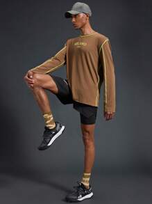 Acti Log Áo thun thể thao cổ tròn dài tay kẻ sọc đơn giản cho nam - màu nâu - Xem 5