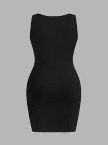 SHEIN EZwear 纽约字母印花休闲简约大码女式紧身无袖连衣裙 - 黑色 - 查看 2