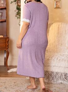 Plus Size V-Neck Lace Trim Bow Design Soft & Breathable Rib Knit Mid-Length Nightgown, Comfy For Home Wear - Purple - View 2