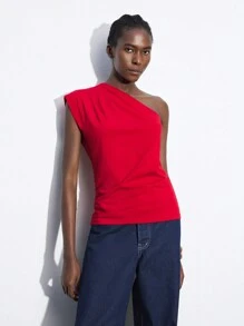 Maija 2025 Summer New Fashion Red Asymmetrical Cut Shoulder Ruched Design Women's Top, Casual Business Daily Commute Elegant Beach Holiday Wear, Suitable For Wedding Guest, Country Music Festival, Brunch, Airport