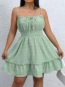 SHEIN Clasi Vestido de tiras con cordón y volantes de unicolor para tallas grandes - Verde militar - Ver 6