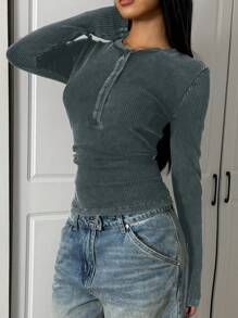 SHEIN EZwear Vintage Grey Knit Fitted Women T-Shirt