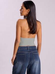 MUSERA High Neck Ribbed Backless Halterneck Top - Grey - View 2