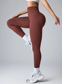 Slayform Mujeres Leggings de cintura alta de unicolor, sencillos y ceñidos sin costuras - Café integral - Ver 3