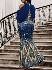 Fleurora Váy cocktail dài tay không tay lưới tương phản họa tiết nàng tiên cá nhiều màu sắc cỡ lớn mùa hè thu đông sang trọng cho tiệc cưới hòa nhạc/lễ hội âm nhạc, ngày lễ tình nhân - Nhiều màu - Xem 3