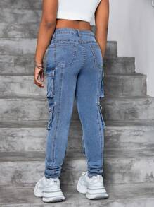 SHEIN Tween Girls Y2K Stonewashed Spring Summer Break Boho Flared Denim Jeans With Pleats And Flap Pocketm Stacked Jeans With Cargo Pockets, Summer Beach Concert Rave Festival Streetwear - Medium Wash - View 2