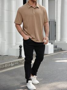 Manfinity CasualCool Men's Plus Size Solid Color Front Button Short Sleeve Casual Polo Shirt - Khaki - View 4