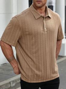 Manfinity CasualCool Men's Plus Size Solid Color Front Button Short Sleeve Casual Polo Shirt - Khaki - View 5