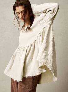 Bohemela 度假纯色梭织宽松长袖女式长衬衫 - 白色 - 查看 2