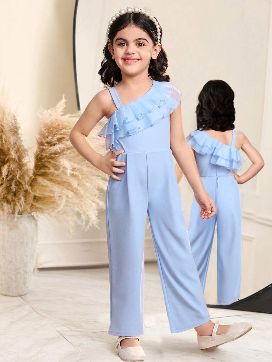 SHEIN Young Girl Plain Color Knit Patchwork Woven Mesh Ruffle Hem Sleeveless Jumpsuit - Blue - View 1