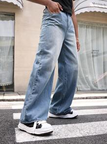 SHEIN 青少年男孩休闲时尚柔软舒适混合酷炫休闲基础蓝色宽松男孩牛仔裤适合日常穿着和返校男孩服装 - 藍色 - 查看 7