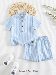 Cozy Pixies 2pcs Baby Boy Colorful Striped Stand Collar Short Sleeve Snap Front Top And Elastic Waist Shorts Set - Blue - View 1