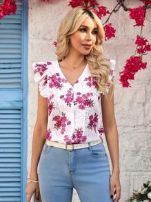 SHEIN Clasi 女士棉质刺绣 V 领荷叶袖衬衫 - 粉色 - 查看 6