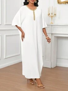 SHEIN Lady 金色织带领白色超长女式连衣裙