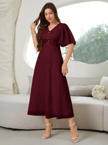 Modelyn 女士 V 领荷叶边袖时尚派对聚会配套连衣裙，优雅晚会长裙 - 酒紅色 - 查看 6