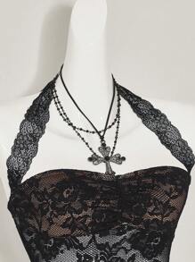 SHEIN ICON Top de camisola con cuello de halter y encaje ajustado y corto, estilo sexy para salir de las mujeres - Negro - Ver 7