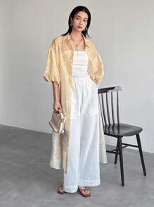 FRIFUL Women's Floral Print Puff Sleeve Oversized Extra Long Shirt Long Sleeve Top - Apricot - View 6