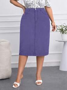 SHEIN Privé Plus Size Women Straight Knee-Length Denim Skirt, Stretchy & Fashion - Purple - View 7