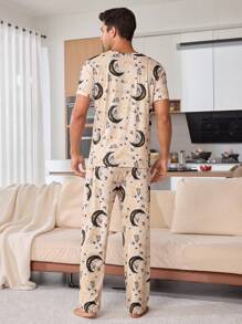 Abstract Moon Print Men's Casual Pajama Set - Apricot - View 2