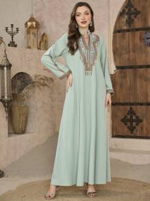Al Najma Women's Elegant Embroidered & Rhinestone Decor Loose Robe, Modest Kaftan - Green - View 5