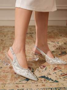 CUCCOO TILAWA Women's Crystal Heel, Rhinestone Studded Mesh Shoes, Suitable For Outing, Banquet, Party Prom Heels For Christmas Valentine's Day - Silver - View 12