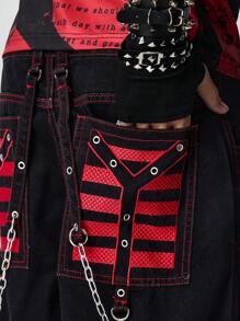 ROMWE MEN Grunge Punk Men's Punk Striped Cargo Pocket Wide Leg 3/4 Jeans Pants - Black - View 2