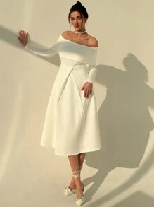 Aloruh 女士纯色长袖优雅露肩连衣裙 - 白色 - 查看 5