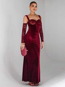 Glamine 全新勃艮第天鹅绒肩带蕾丝拼接长袖露背拉链修身长款针织四季高级美人鱼长款女士连衣裙、优雅舞会礼服、约会晚礼服、端庄晚宴装 - 酒紅色 - 查看 6
