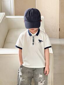 SHEIN 1 Pc Young Boy Casual Comfortable, Versatile Loose Fit Polo Shirt With Letter Print, Soft & Breathable, Suitable For Spring & Summer