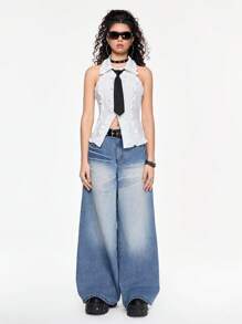 ROMWE Grunge Punk 低腰宽松做旧洗水直筒牛仔裤 - 淺藍色 - 查看 2