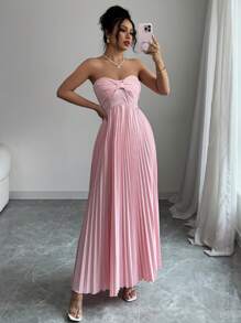 Elenzga 女士纯色前结褶边优雅连衣裙 - 粉色 - 查看 5