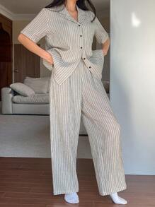 DAZY Striped Simple Texture Chiffon Fabric Women Sleepwear Set Pajama - Black and White - View 6