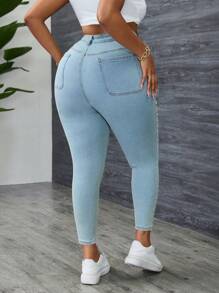 Plus Size Relaxed Fit High Waist Distressed Skinny Jeans - Light Wash - View 2