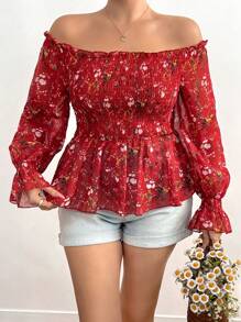 Sunnyshic Blusa evasé con hombros descubiertos, mangas abullonadas de gasa y estampado
