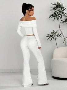 Comfortcana 2pcs/Set Long Sleeve Low Waist Flared Pants, White - White - View 6