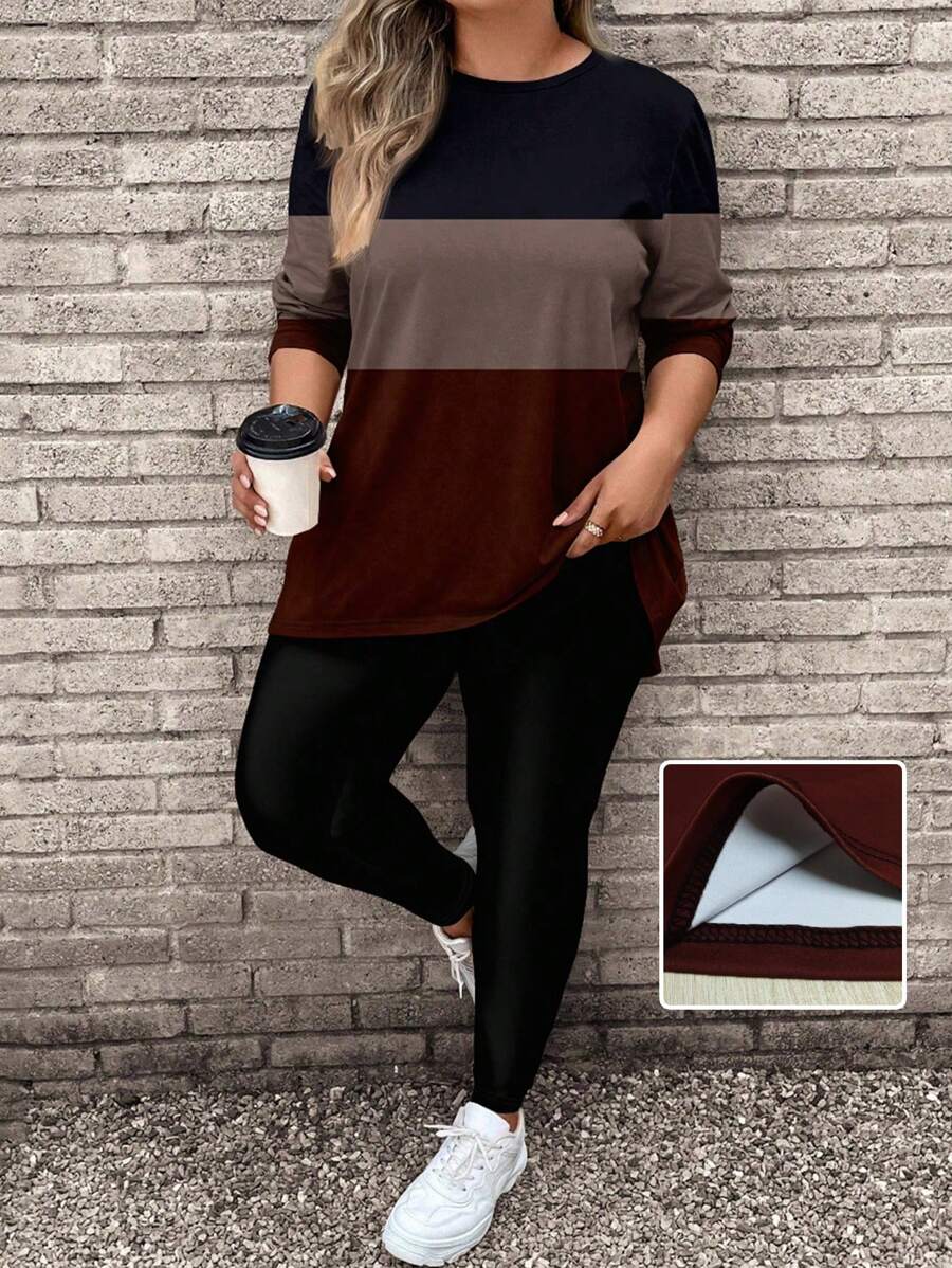 EMERY ROSE 2pcs/Set Women Plus Size Casual Striped Pattern Long Sleeve T-Shirt And Yoga Pants Set, Suitable For Autumn/Winter - Multicolor - View 1