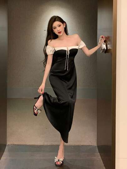 DAZY Colorblock Waist Gather Sexy Off Shoulder Mid-Calf Evening Party Wedding Dress For Women Prom Dress Sundress, Formal Women Dresses Elegant Women Dress