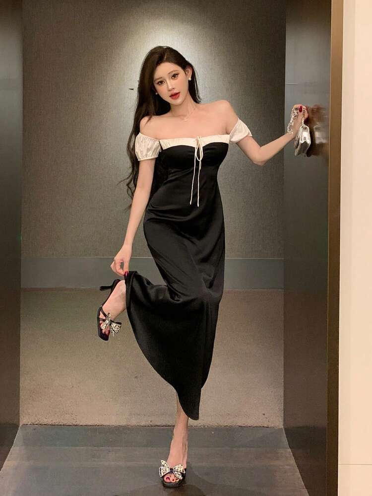 Colorblock Waist Gather Sexy Off Shoulder Mid-Calf Evening Party Wedding Dress For Women Prom Dress Sundress, Formal Women Dresses Elegant Women Dress
