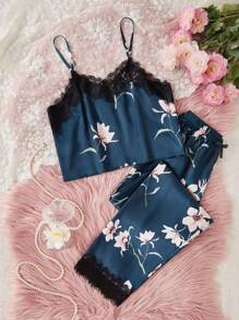 Tween Girls Elegant Lace Patchwork Floral Print Camisole & Long Pants 2 Pieces Pajama Sets, Suitable For Home/Indoor, Summer - Multicolor - View 1